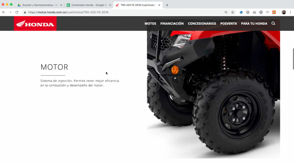 Screencapture of the old website Honda Motorcycles showing a detail of the motor of a Truck