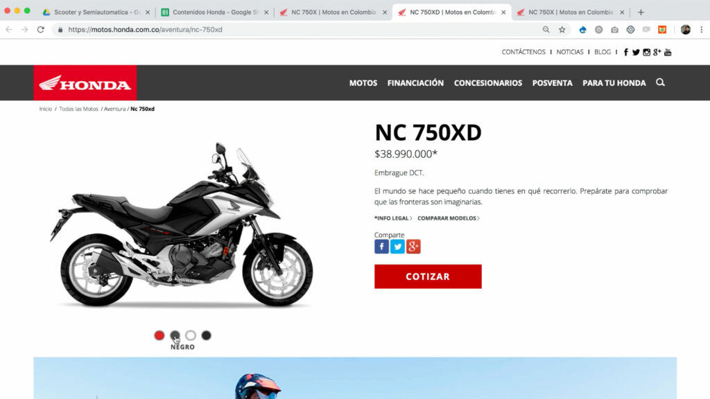 Screencapture of the old Honda Motorcycles website showing the NC 750XD Motorcycle